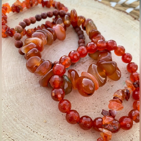 Natural Dark Orange Carnelian & Fire Agate Gemstone Mixed Bead Bracelet Stack - Picture 12 of 14